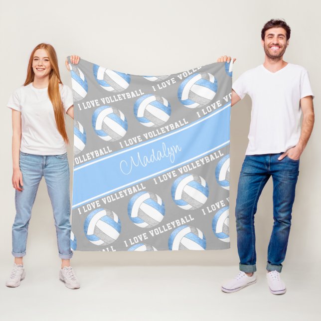 lt blue grey I love volleyball text pattern Fleece Blanket (In Situ)