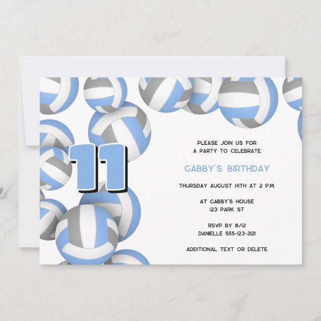 lt blue grey volleyball boys girls birthday party invitation (Front)
