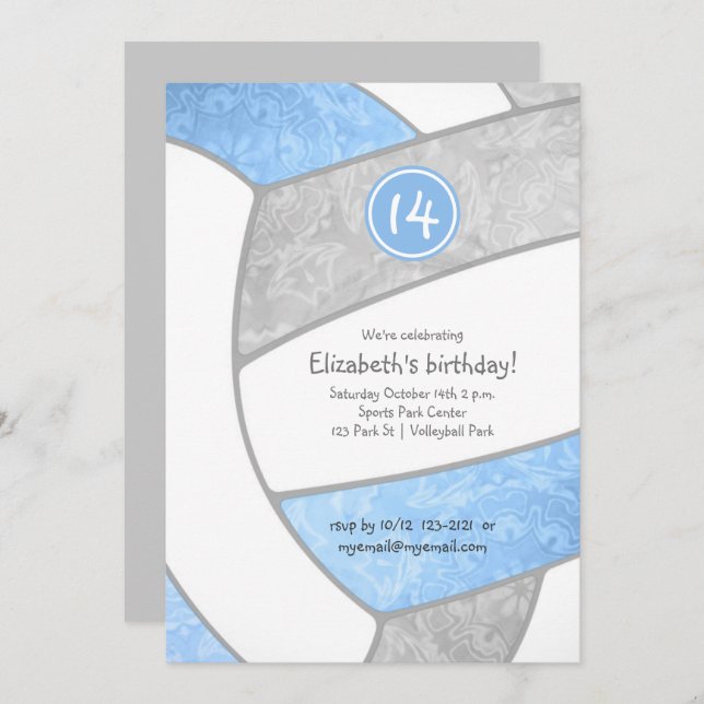 lt blue grey volleyball girls sports celebration invitation (Front/Back)