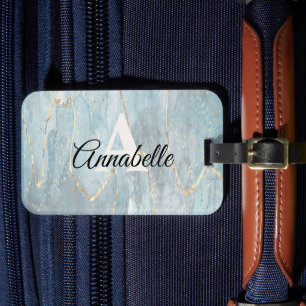 Lt. Blue Marble with Gold Monogrammed Luggage Tag