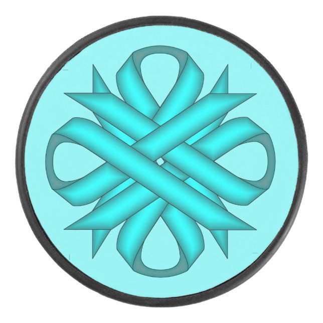 Lt Blue / Teal Clover Ribbon by Kenneth Yoncich Hockey Puck (Front)