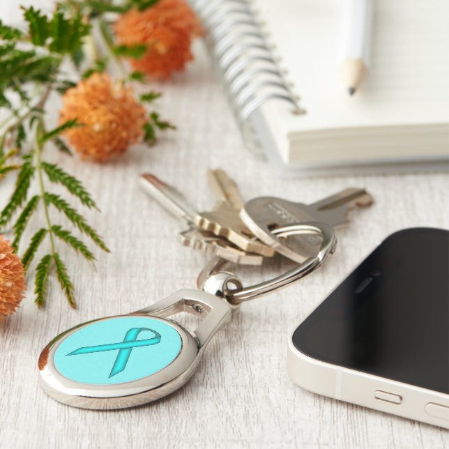 Lt Blue/Teal Standard Ribbon by Kenneth Yoncich Key Ring (Side)
