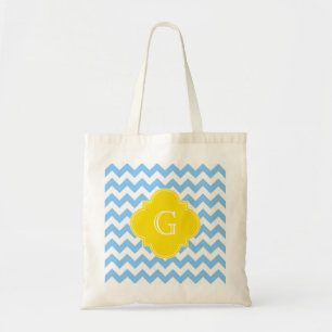 Lt Blue White Chevron Yellow Quatrefoil Monogram Tote Bag