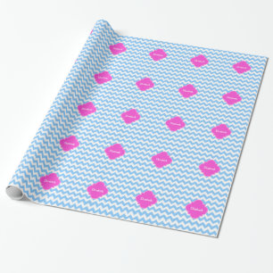 Lt Blue Wht Chevron Hot Pink Quatrefoil Monogram Wrapping Paper