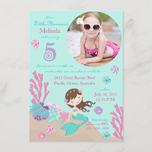 Lt. Brunette Mermaid Fifth Birthday Invitation