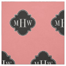 Lt Coral Solid Colour Black Quatrefoil Monogram