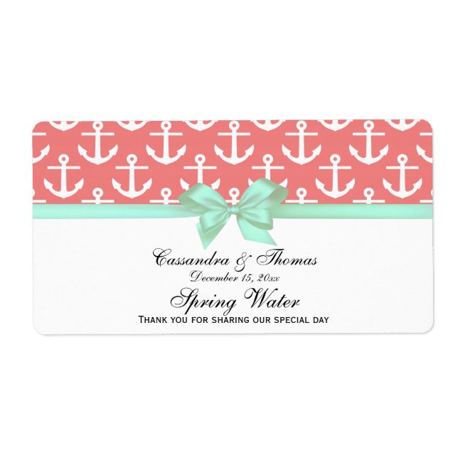 Lt Coral White Anchors Mint Bow Party Water Label (Front)