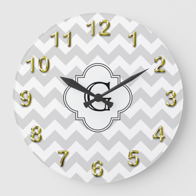 Lt Gray White Chevron White Quatrefoil Monogram Large Clock (Front)