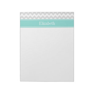 Lt Gray Wht Chevron ZigZag Aqua Name Monogram Notepad