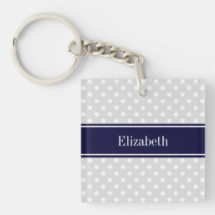 Lt Grey and White Polka Dots Navy Name Monogram Key Ring