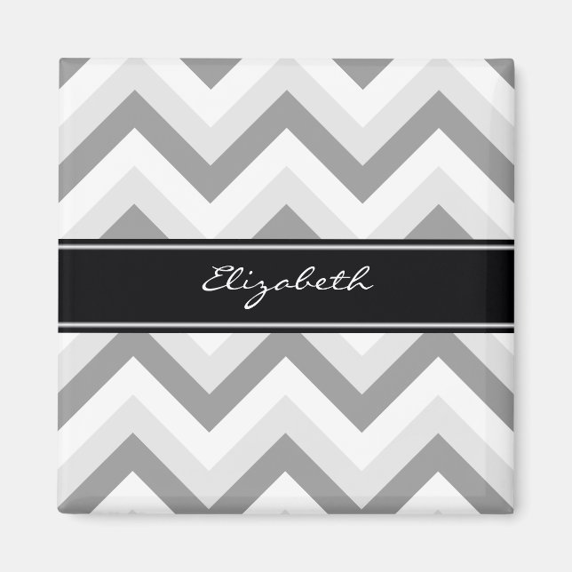 Lt Grey Med Grey White Chevron Black Name Monogram Magnet (Front)