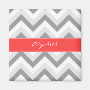 Lt Grey Med Grey White Chevron Coral Name Monogram Magnet