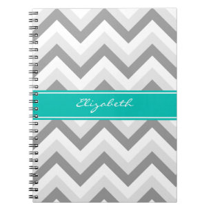 Lt Grey Med Grey White Chevron Teal Name Monogram Spiral Notebook