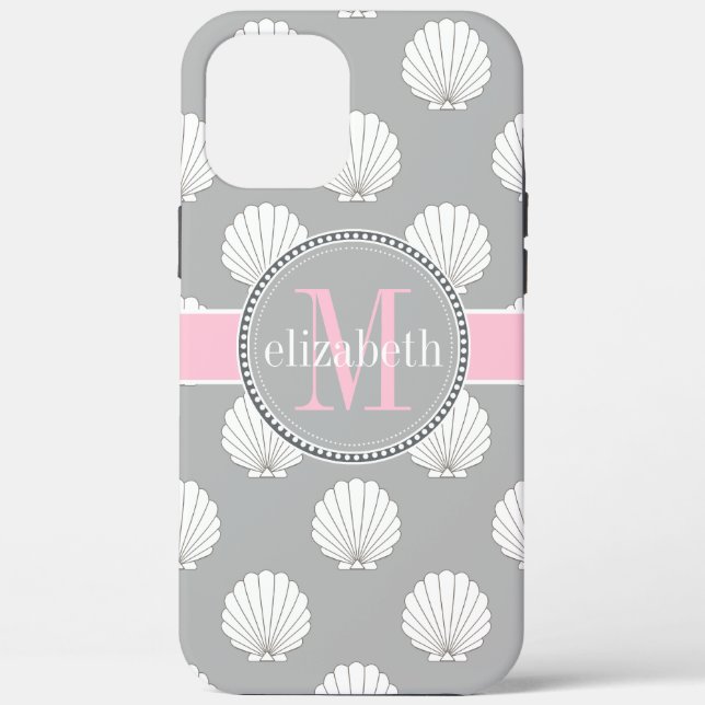 Lt Grey | Pink Clamshells Seashells Monogram Case-Mate iPhone Case (Back)