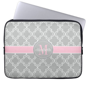 Lt Grey Pink White Moroccan Quatrefoil Monogram Laptop Sleeve