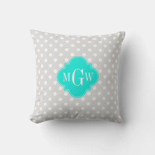 Lt Grey Polka Dots Brt Aqua Quatrefoil 3 Monogram Cushion