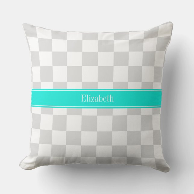 Lt Grey White Chequered Aqua Ribbon Monogram Cushion (Front)