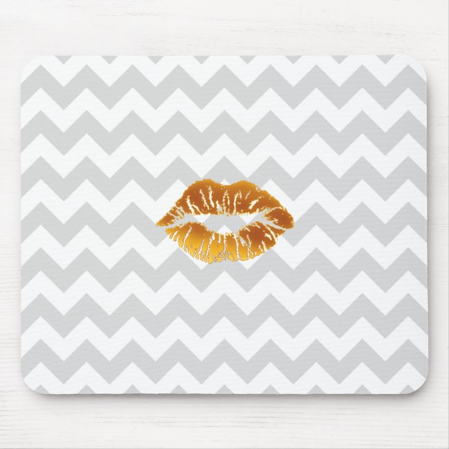 Lt Grey White Chevron, Gold Lipstick Kiss Mouse Pad (Front)
