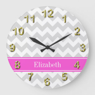 Lt Grey White Chevron Hot Pink Name Monogram Large Clock