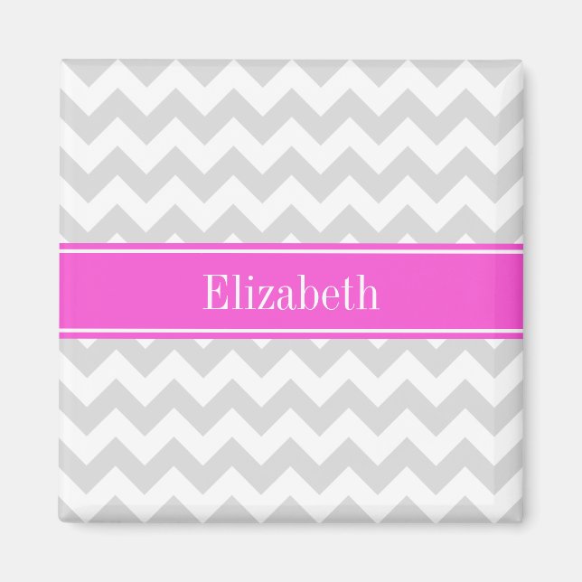 Lt Grey White Chevron Hot Pink Name Monogram Magnet (Front)