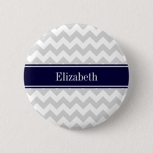 Lt Grey White Chevron Navy Blue Name Monogram 6 Cm Round Badge (Front)