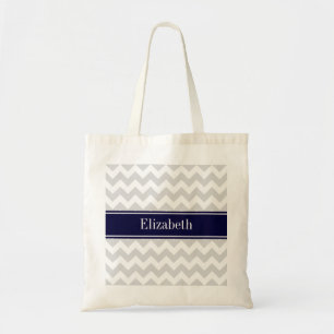 Lt Grey White Chevron Navy Blue Name Monogram Tote Bag