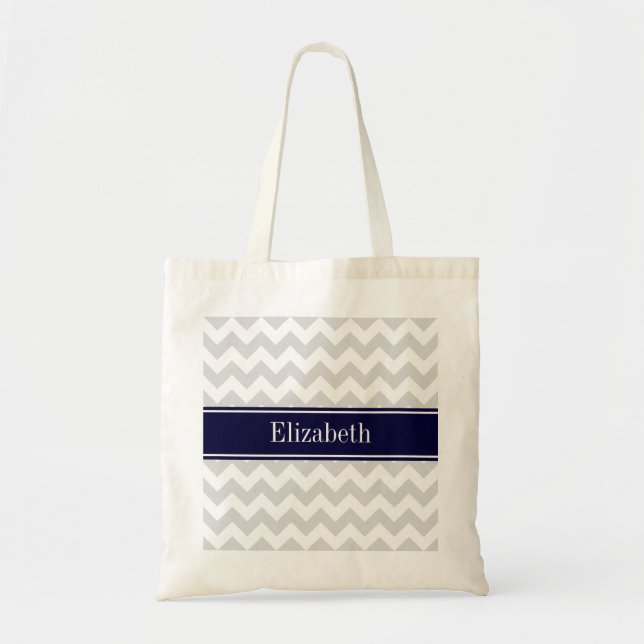 Lt Grey White Chevron Navy Blue Name Monogram Tote Bag (Front)