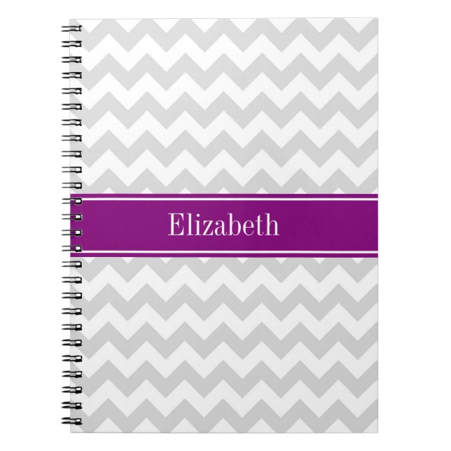 Lt Grey White Chevron Purple Name Monogram Spiral Notebook (Front)