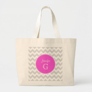 Lt Grey White Chevron Rnd Hot Pink Name Monogram Large Tote Bag