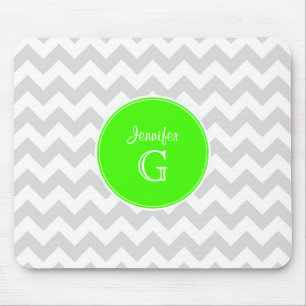 Lt Grey White Chevron Rnd Lime Green Name Monogram Mouse Pad