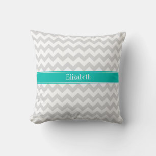 Lt Grey White Chevron Teal Name Monogram Cushion