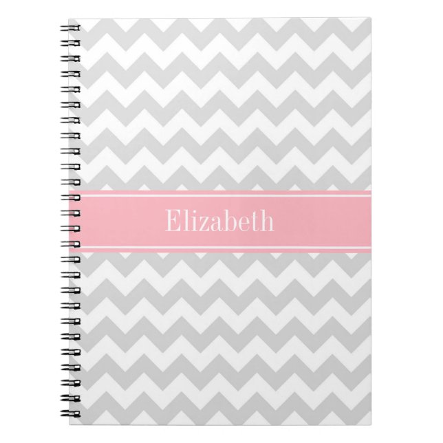 Lt Grey White Chevron Zigzag Pink Name Monogram Spiral Notebook (Front)