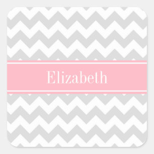 Lt Grey White Chevron Zigzag Pink Name Monogram Square Sticker