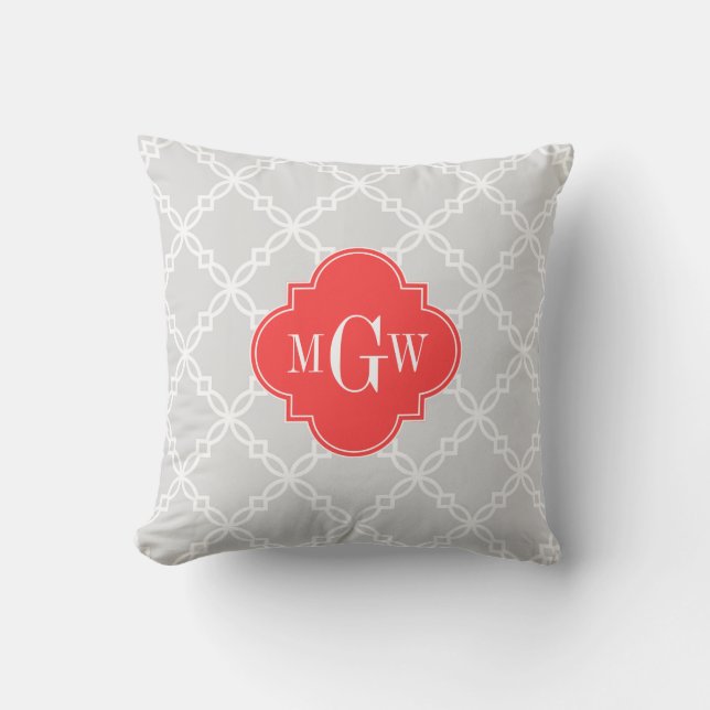 Lt Grey White Fancy Quatrefoil 3 Initial Monogram Cushion (Front)