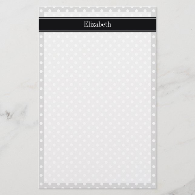 Lt Grey White Polka Dots Black Name Monogram Stationery (Front)