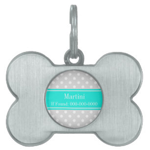 Lt Grey White Polka Dots Brt Aqua Ribbon Monogram Pet Name Tag