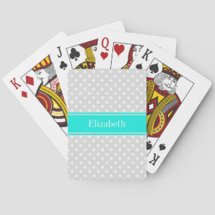Lt Grey White Polka Dots Brt Aqua Ribbon Monogram Playing Cards