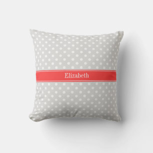 Lt Grey White Polka Dots Coral Name Monogram Cushion