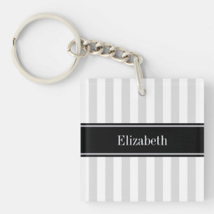 Lt Grey White Stripe Black Name Monogram Key Ring
