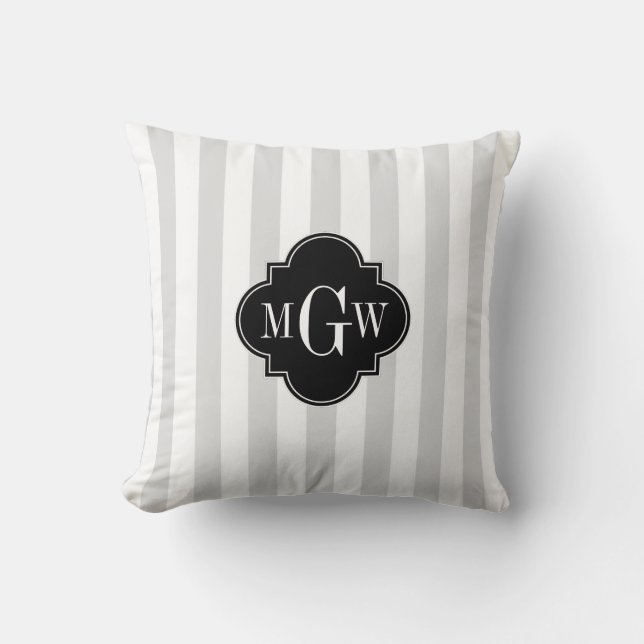 Lt Grey White Stripe Black Quatrefoil 3 Monogram Cushion (Front)