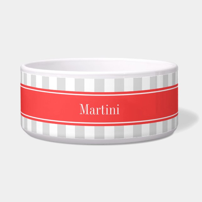 Lt Grey White Stripe Coral Red Name Monogram (Front)