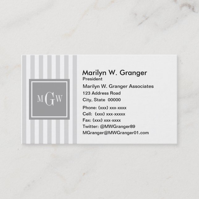 Lt Grey White Stripe Grey Square 3 Monogram Business Card (Front)