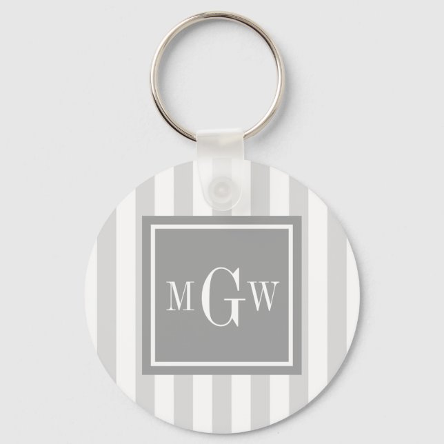 Lt Grey White Stripe Grey Square 3 Monogram Key Ring (Front)