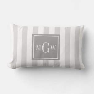 Lt Grey White Stripe Grey Square 3 Monogram Lumbar Cushion
