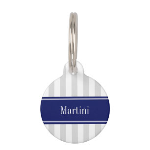 Lt Grey White Stripe Navy Blue Name Monogram Pet Tag