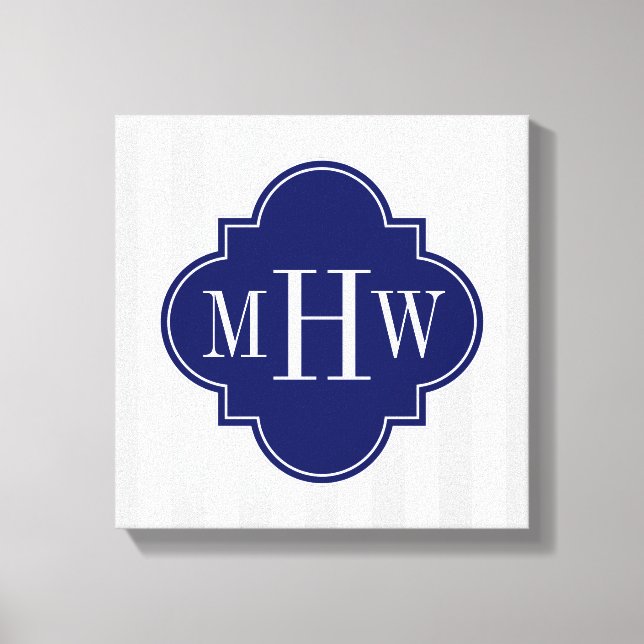 Lt Grey White Stripe Navy Quatrefoil 3 Monogram Canvas Print (Front)