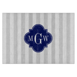 Lt Grey White Stripe Navy Quatrefoil 3 Monogram Cutting Board