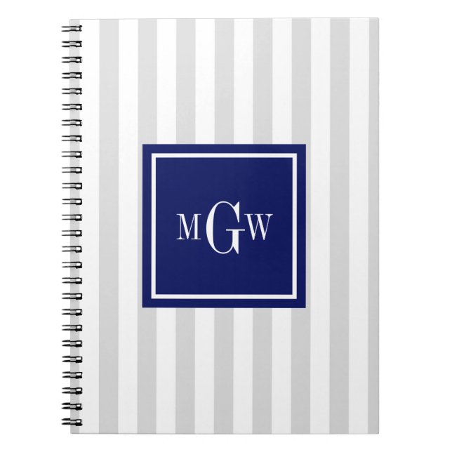 Lt Grey White Stripe Navy Square 3 Monogram Spiral Notebook (Front)