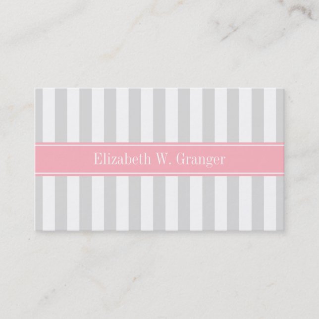Lt Grey White Stripe Pink Name Monogram Business Card (Front)