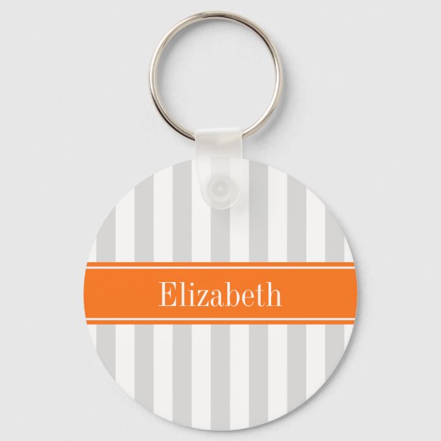 Lt Grey White Stripe Pumpkin Orange Name Monogram Key Ring (Front)